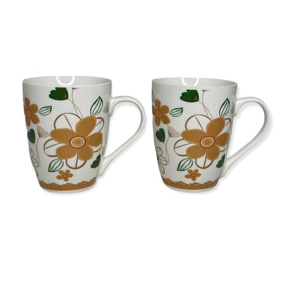 Retro Style Mugs Orange and Green Floral Design Set of 2 - Picture 2 of 6